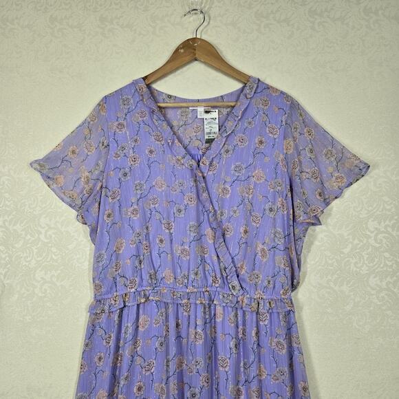 LC Lauren Conrad Flutter Sleeve Faux Wrap Bodice Dress 1X Purple Green Floral - Picture 3 of 16